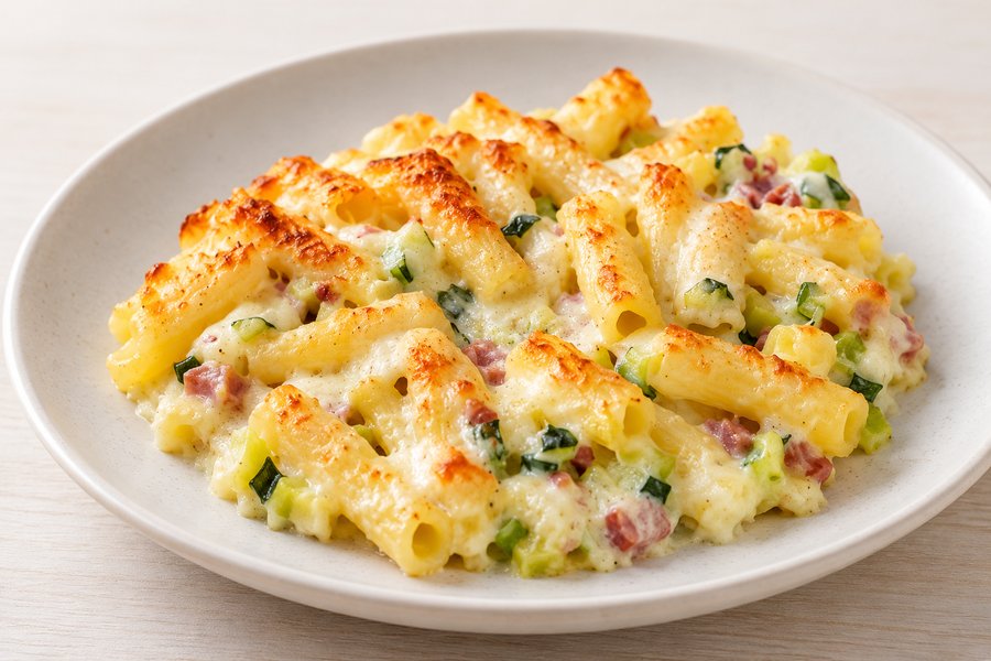 Macaroni met hesp, prei en kaas